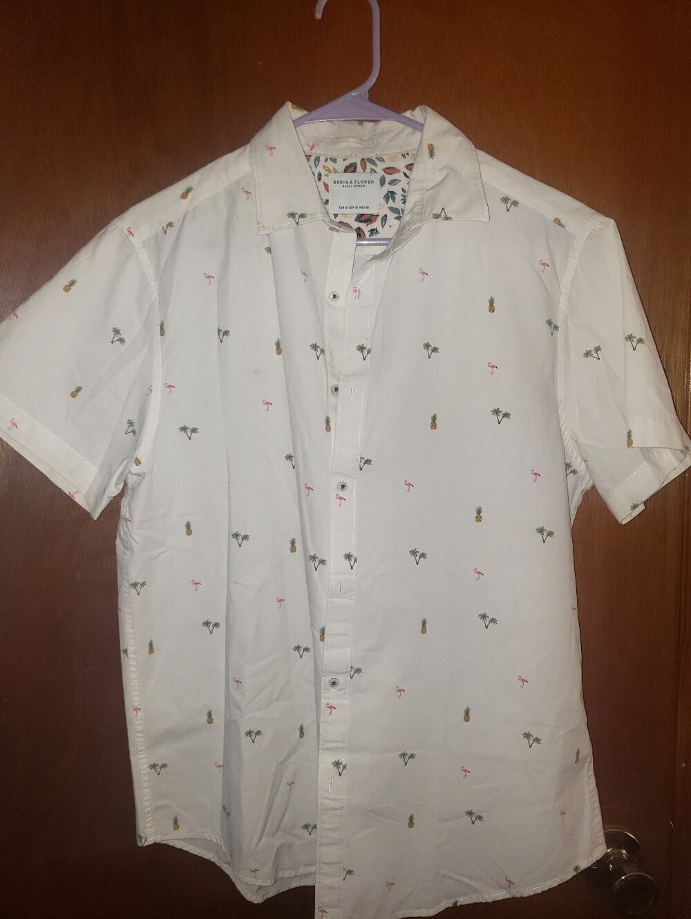 Denim & Flower Flamingo,Palm Tree, Pineapple Men's Short-Sleeve Casual Shirt
